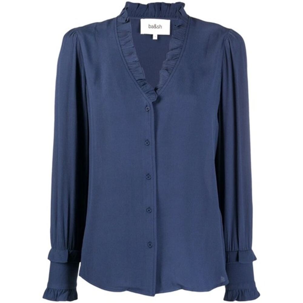 BA&SH Unity V-Neck Long Sleeve Ruffled Blouse In Blue Size 2
